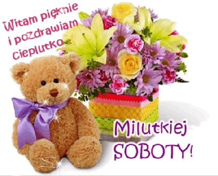 Błyszczący miś i bukiet kwiatów na sobotę